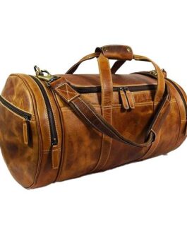 BARREL STYLE TRAVEL LEATHER DUFFLE BAG